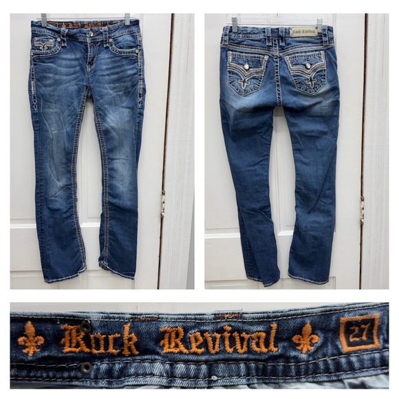 Rock Revival Denim - Rock Revival Marie Easy Boot Jeans Women 27 Blue Distressed Flap Pocket